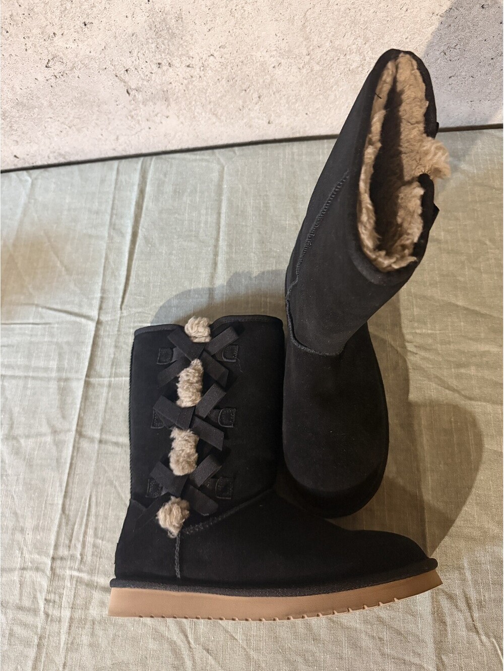 Koolaburra by UGG Black Suede Mid-Calf Shearling Boots with Bow & Faux Fur